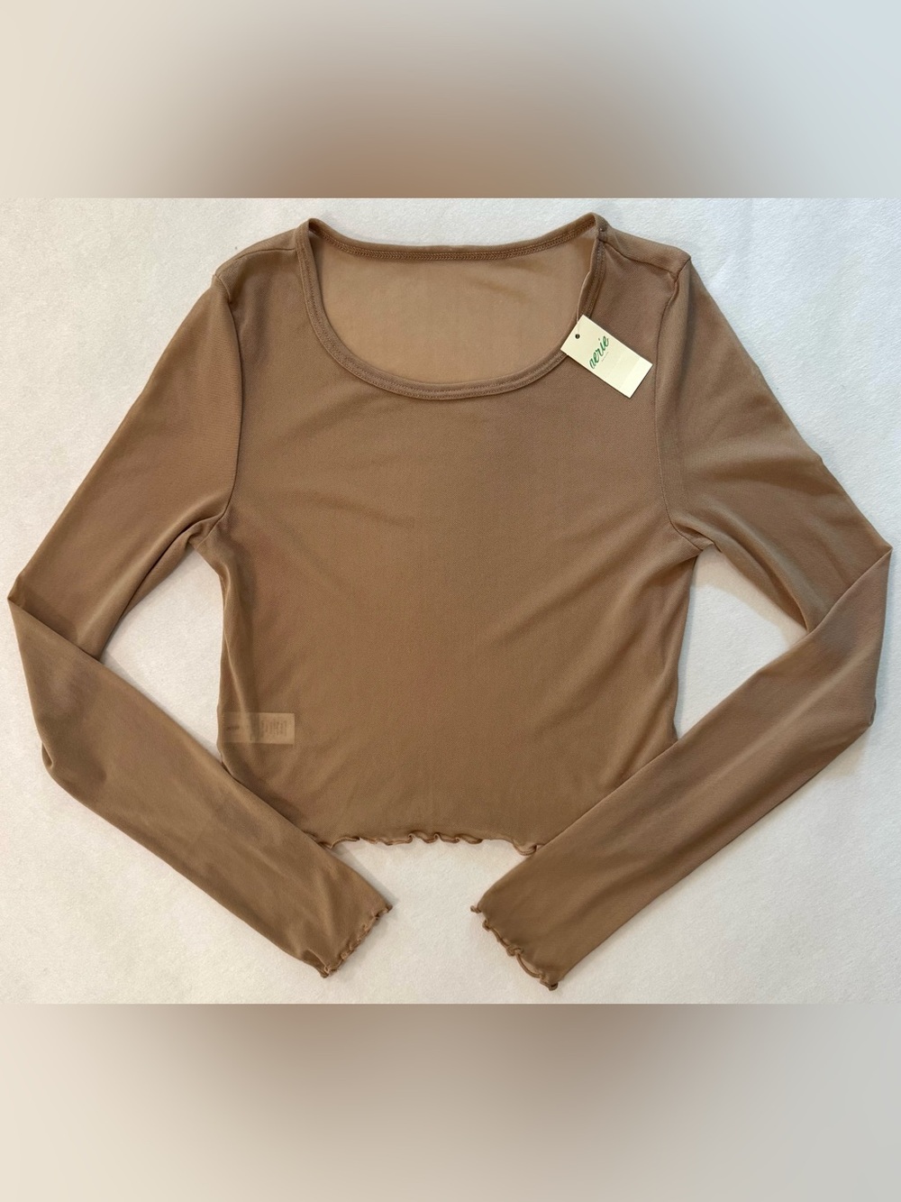 NWT Aerie Tan Mesh Long Sleeve Top Sheer Neutral Lettuce Trim, Size Small